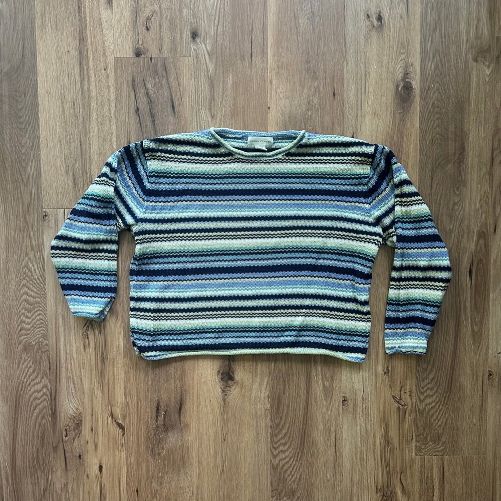 Casual Corner Vintage Striped Knit Sweater Blue Green White Crewneck XL‎